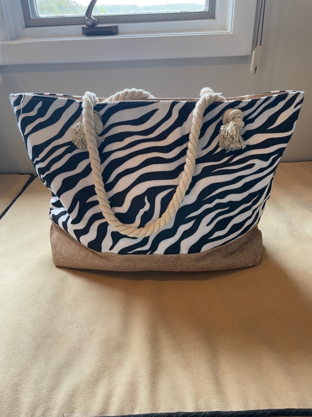 Zebra-Print Rope-Handle Tote Bag in Black & White
